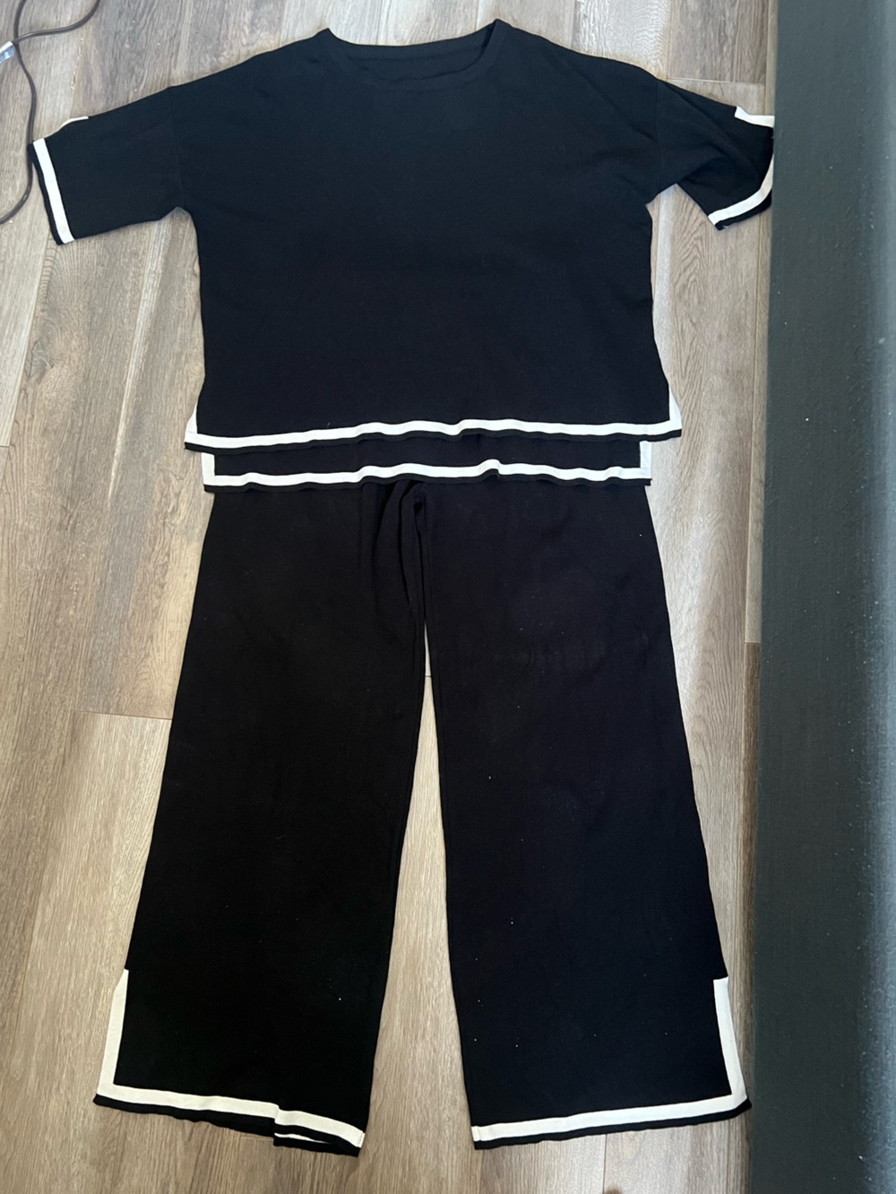 Black Two-Piece Knit Lounge Set with White Trim